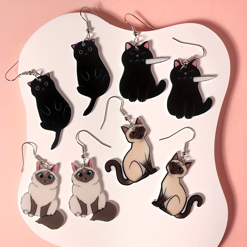 4 Pairs Set Cat Dangle Earrings Acrylic Jewelry Gift